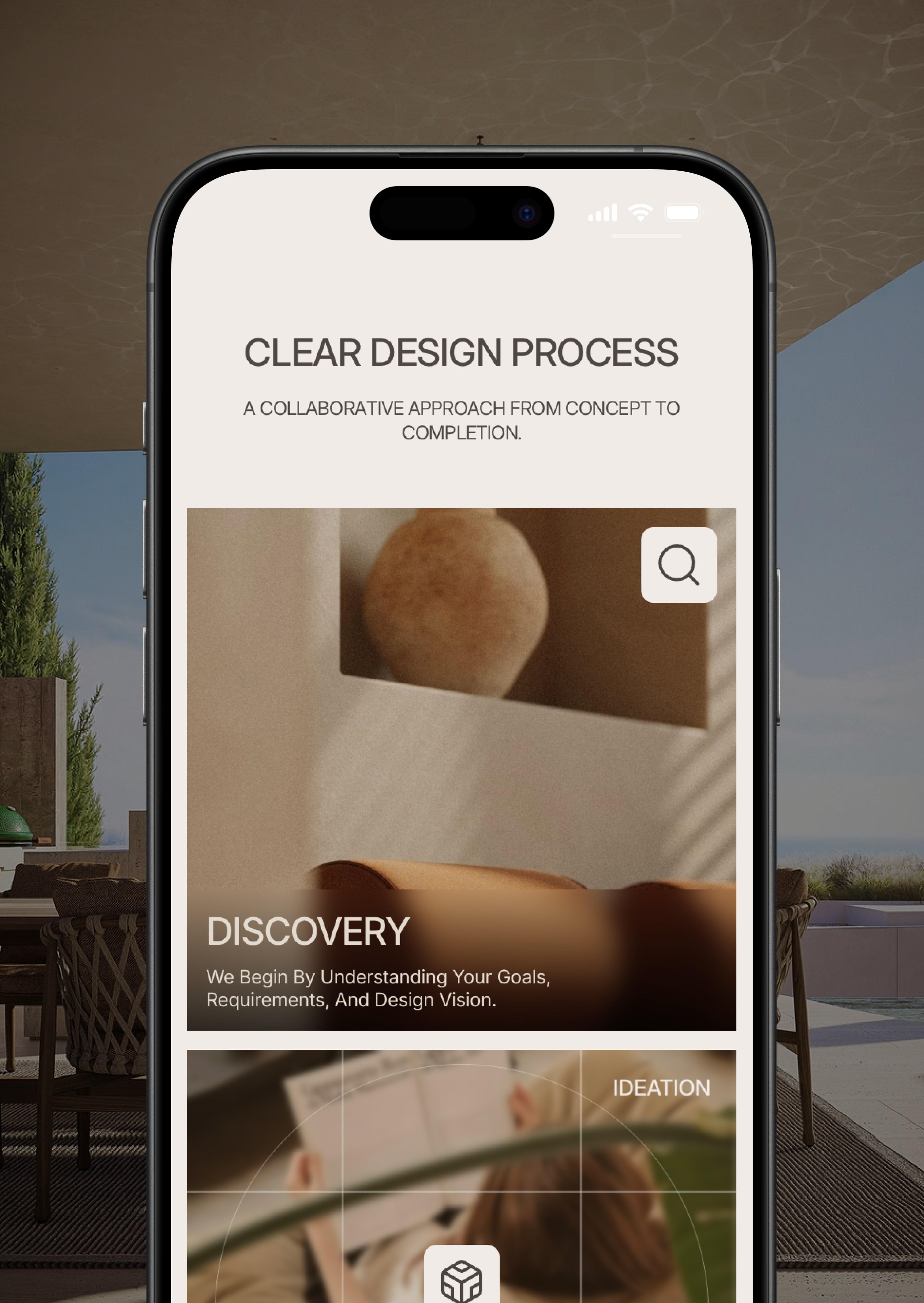 Frame Architects website shown on a phone mockup — Clear Design Process