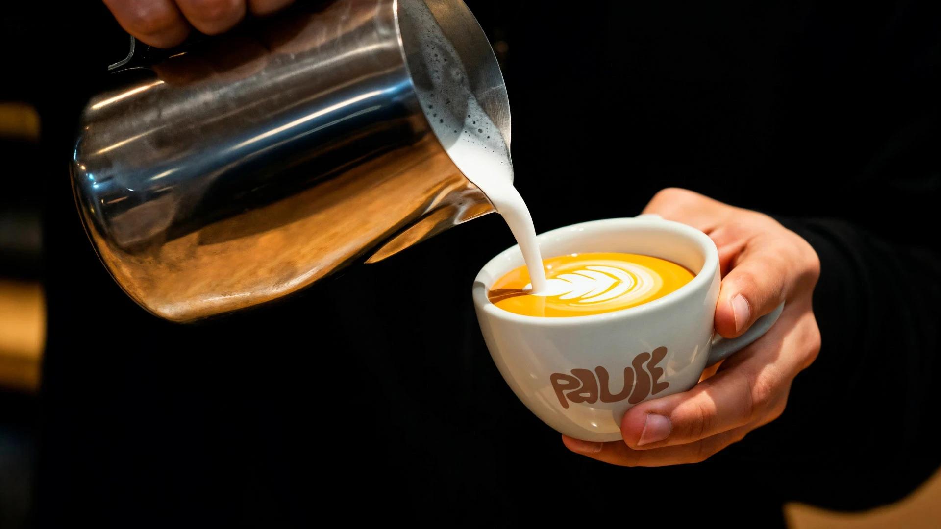 Barista pouring latte art in a PAUSE branded cup